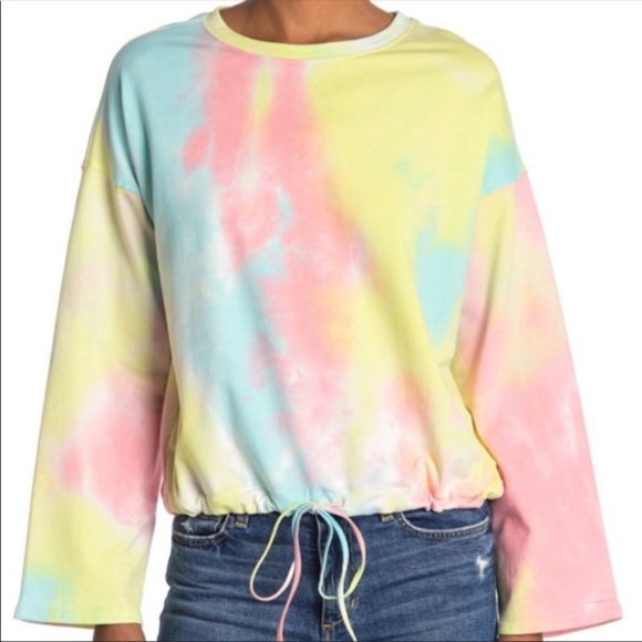 14th & Union Tops - 14th & Union Pink Blue Yellow Tie Dye Drawstring Long Sleeve Sweatshirt Top XS